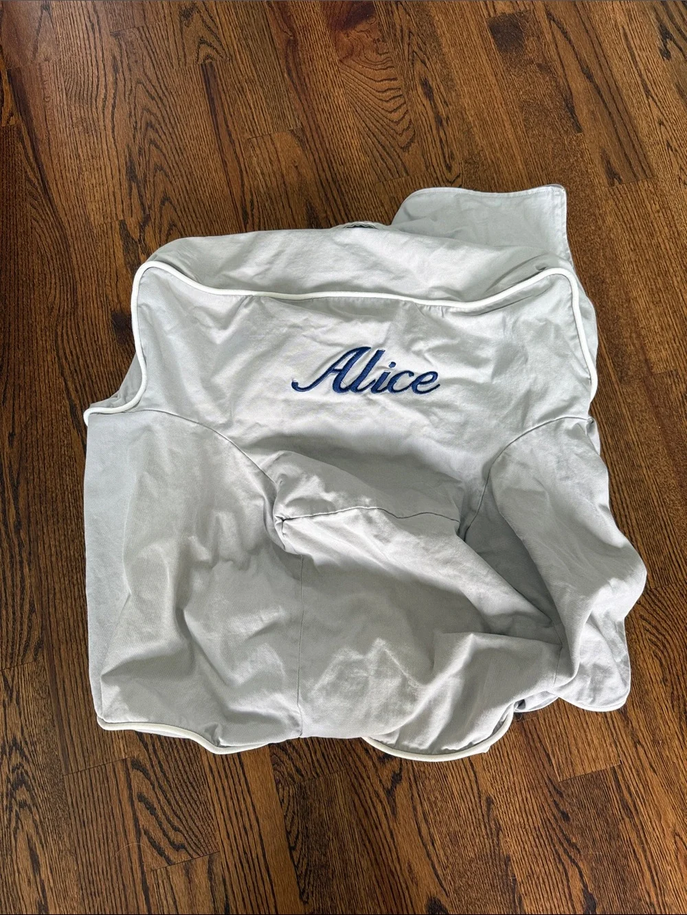 Pottery Barn Kids Anywhere Chair with Blue Embroidered Name 'Alice'.  White pipi